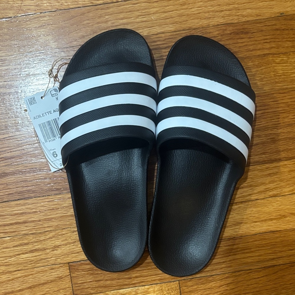 Adidas Black Slides with White Stripes